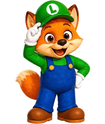 Nino, o raposo mascote do Brava Park Fest, de boné verde e macacão azul, acenando
